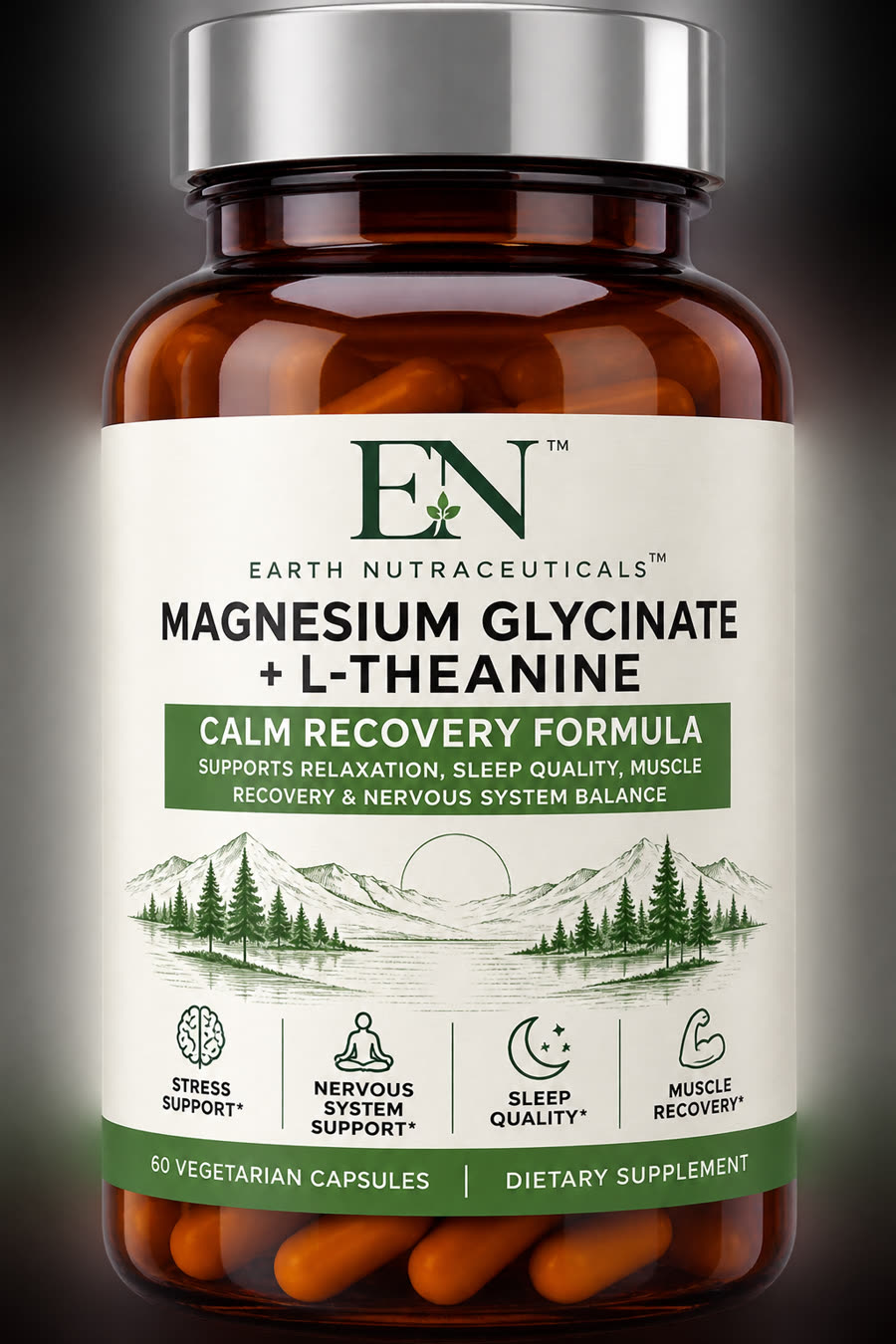 Amber Earth Nutraceuticals bottle labelled Magnesium Glycinate plus L-Theanine, Calm Recovery Formula