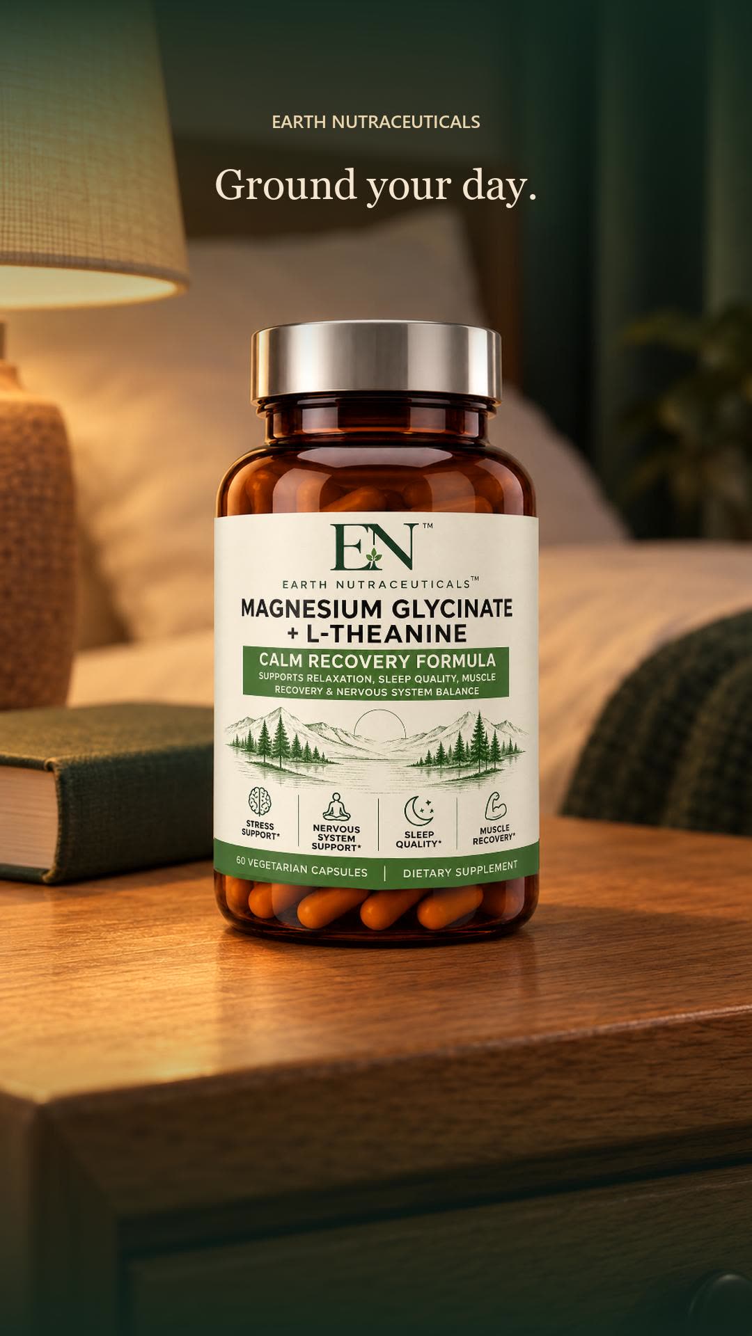 A bottle of Earth Nutraceuticals Calm Recovery on a wooden bedside table beside a lamp and a book